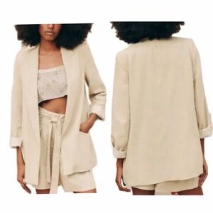 ZARA PRINTED CUFF LINEN BLEND BLAZER NATURAL